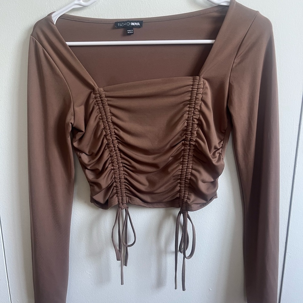 Fashion Nova Chocolate Ruched Long Sleeve Blouse